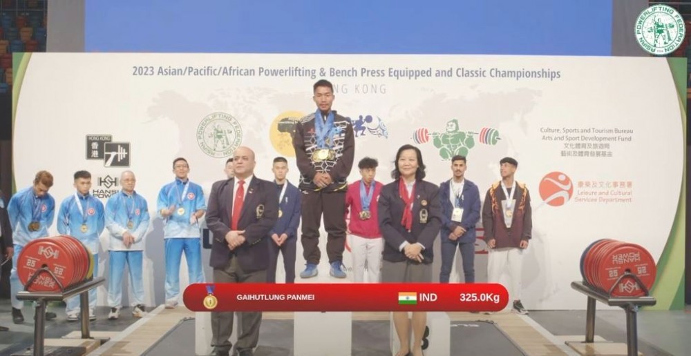 Gaihutlung Panmei wins Gold Medal at Asian-Pacific-African Classic Powerlifting Championship 2023 in the 53kg sub-junior men's category at Queen Elizabeth stadium, Hong Kong on June 24.